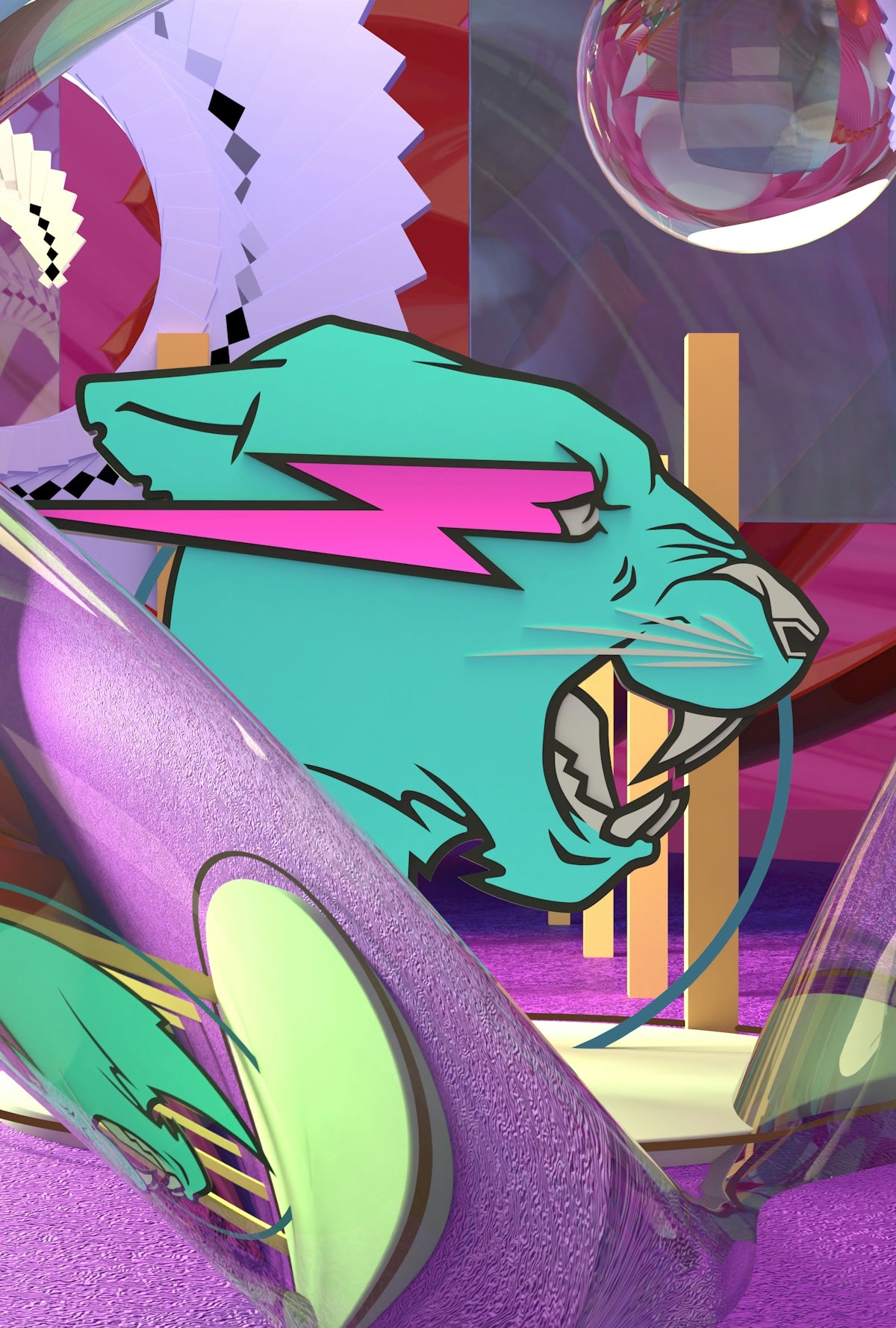 Teal panther head with lightning bolt in abstract, colorful background