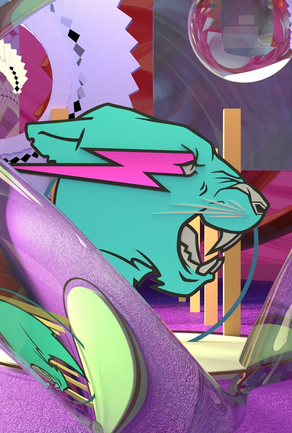 Teal panther head with lightning bolt in abstract, colorful background.