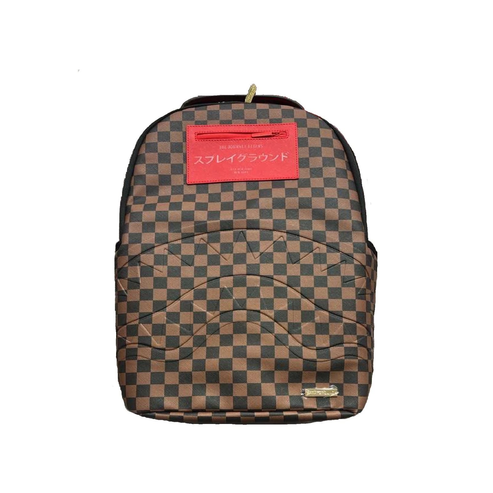 Sprayground “The Journey Begins” Brown Checkered Shark Backpack Red Patch SPR222
